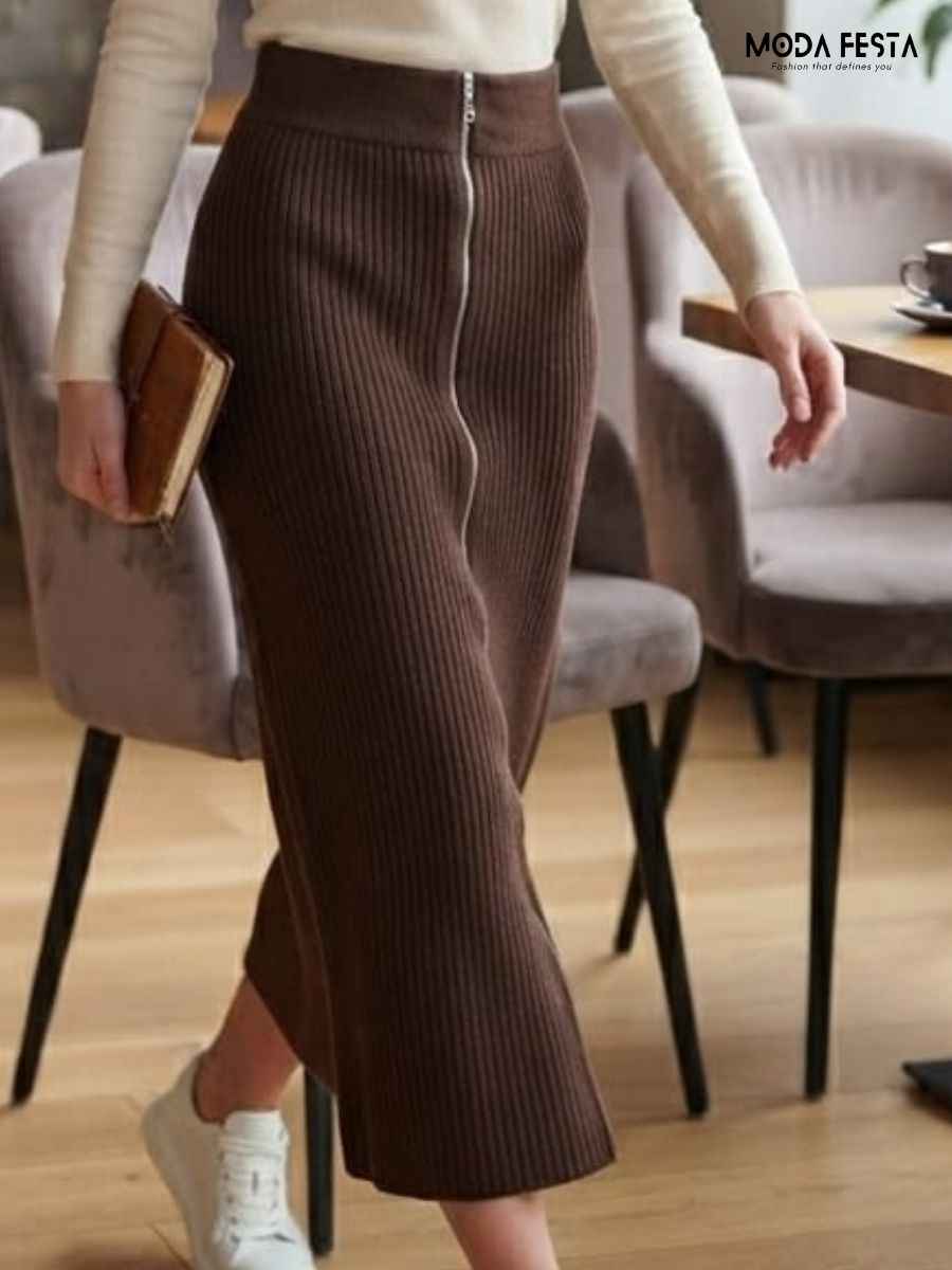 ModaFesta -brown-ribbed-knit-zipper-midi-skirt