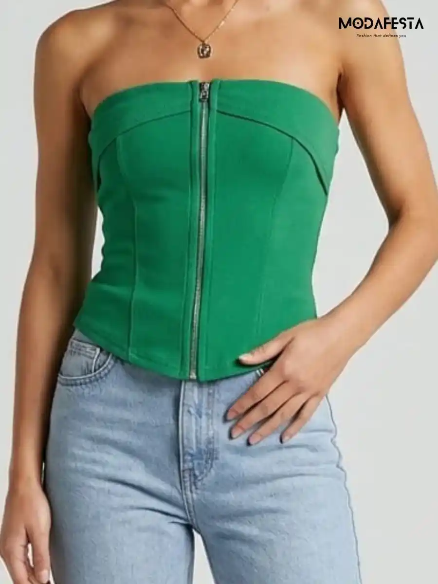 ModaFesta -elegant-zipper-crop-tube-green