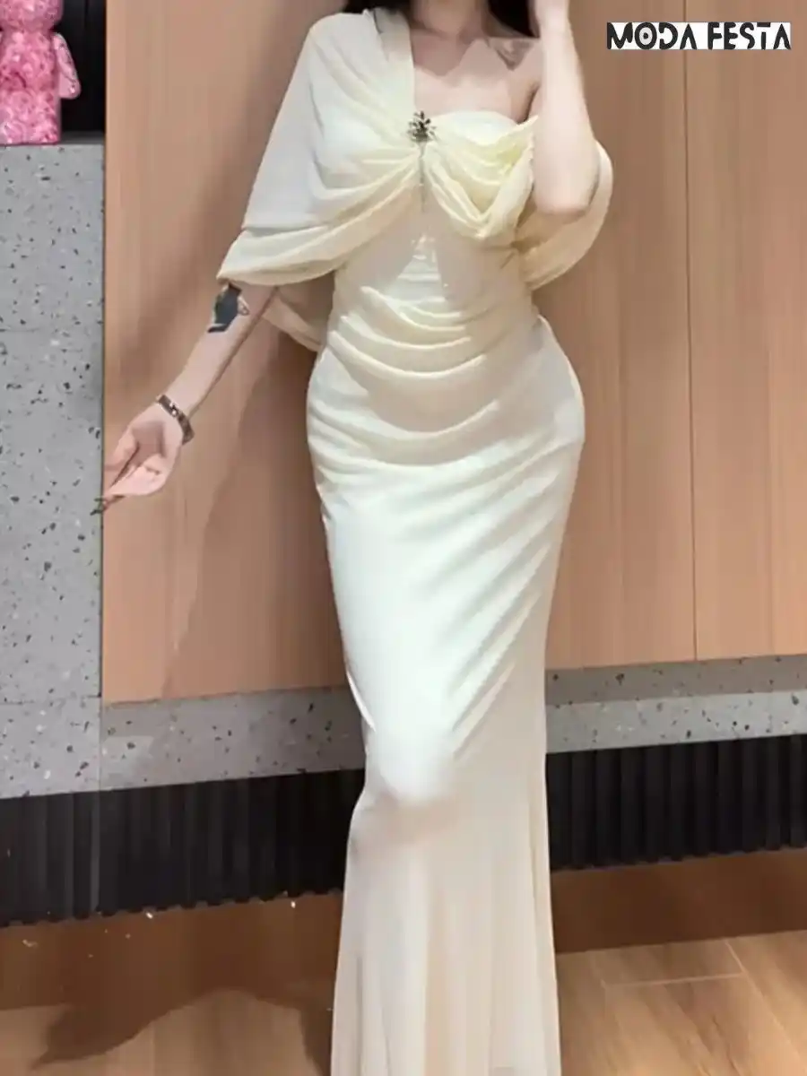 ModaFesta -tube-dress-with-net-fall-shoulder-beige