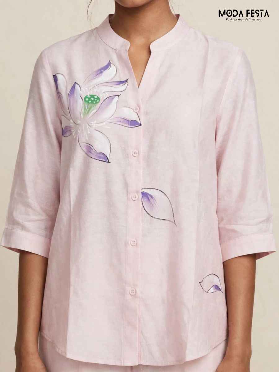 Light Pink Hand-Painted Floral Casual Shirt