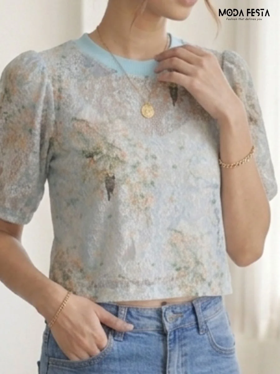 ModaFesta -floral-lace-puff-sleeve-crop-top