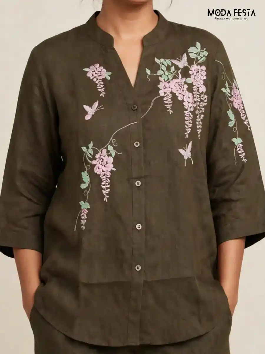 Floral and Butterfly Embroidered Casual Shirt