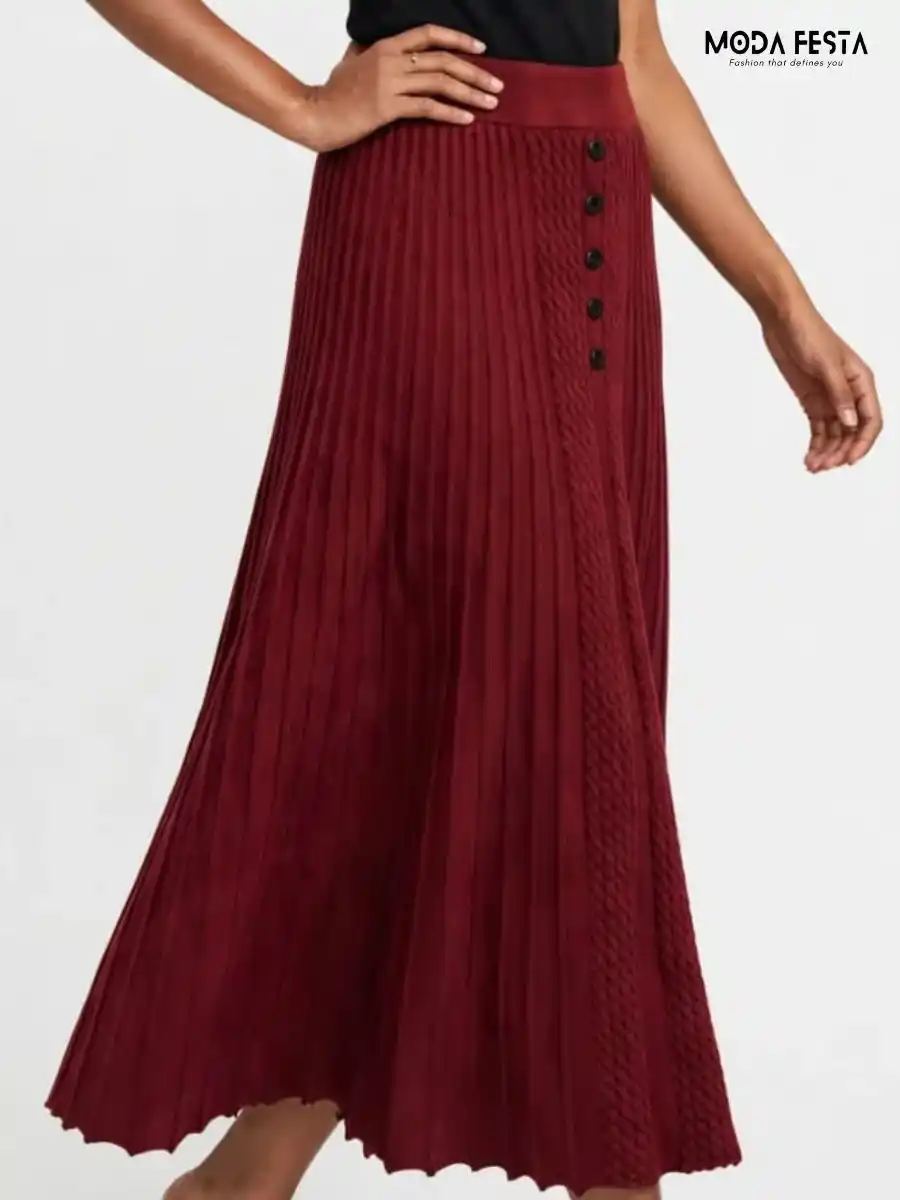 ModaFesta -maroon-ribbed-knit-button-front-midi-skirt