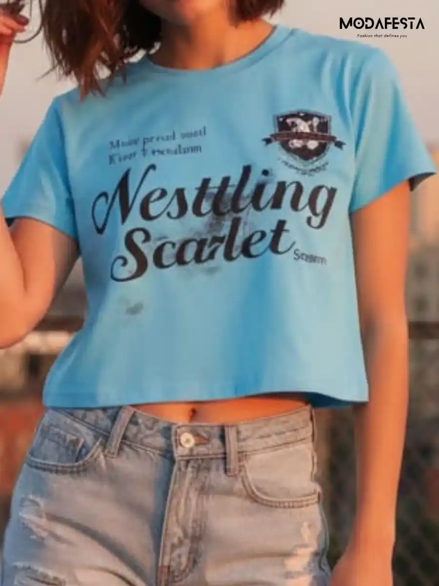 ModaFesta -elegant-lettering-print-crop-t-shirt-sky-blue