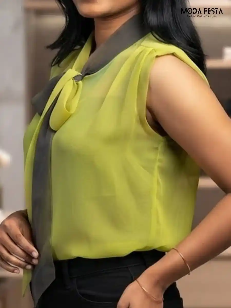 ModaFesta -lime-green-chiffon-bow-neck-sleeveless-top