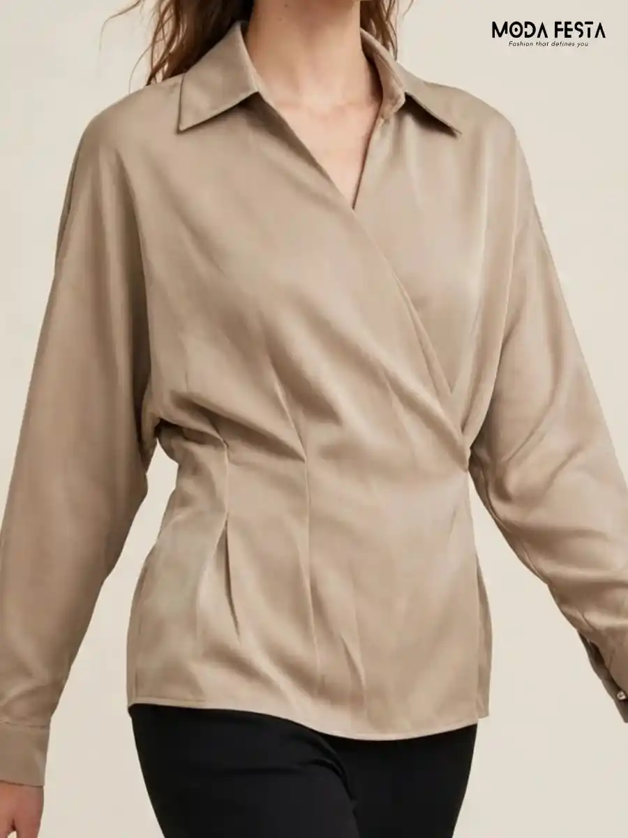 ModaFesta -beige-satin-wrap-style-collared-long-sleeve-top