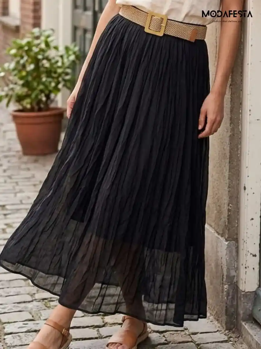 ModaFesta -elegant-cotton-long-skirt-with-belt-black