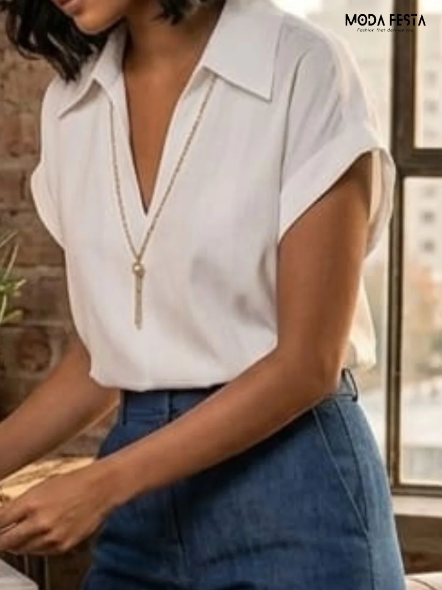 Lilac Vertical Striped V-Neck Collared Top