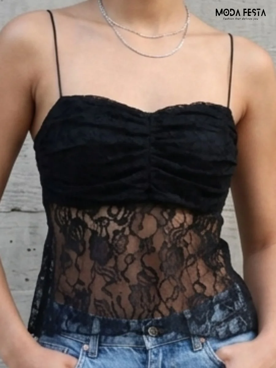 A black ruched lace camisole with a flattering sweetheart neckline and a delicate semi-sheer finish