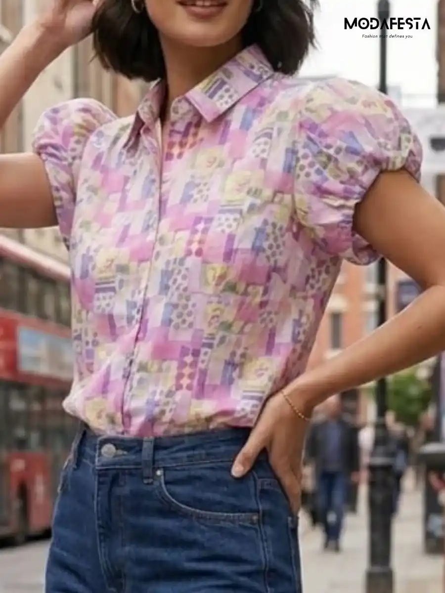 ModaFesta -elegant-puff-sleeve-hand-drawn-print-shirt-pink