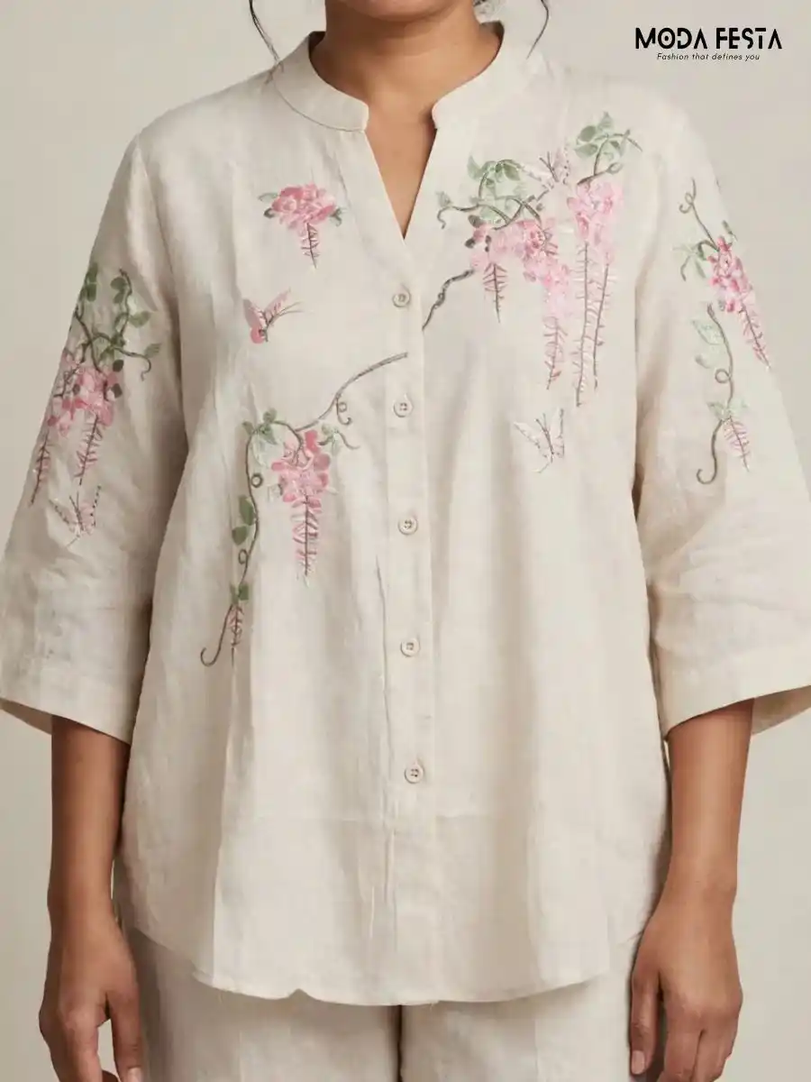 ModaFesta -beige-floral-and-butterfly-embroidered-casual-shirt
