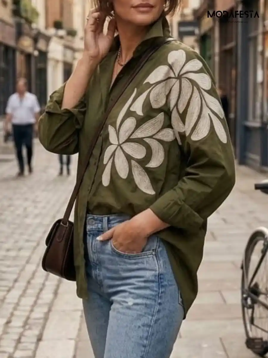 ModaFesta -elegant-floral-print-shirt-work-on-shoulder-olive-green