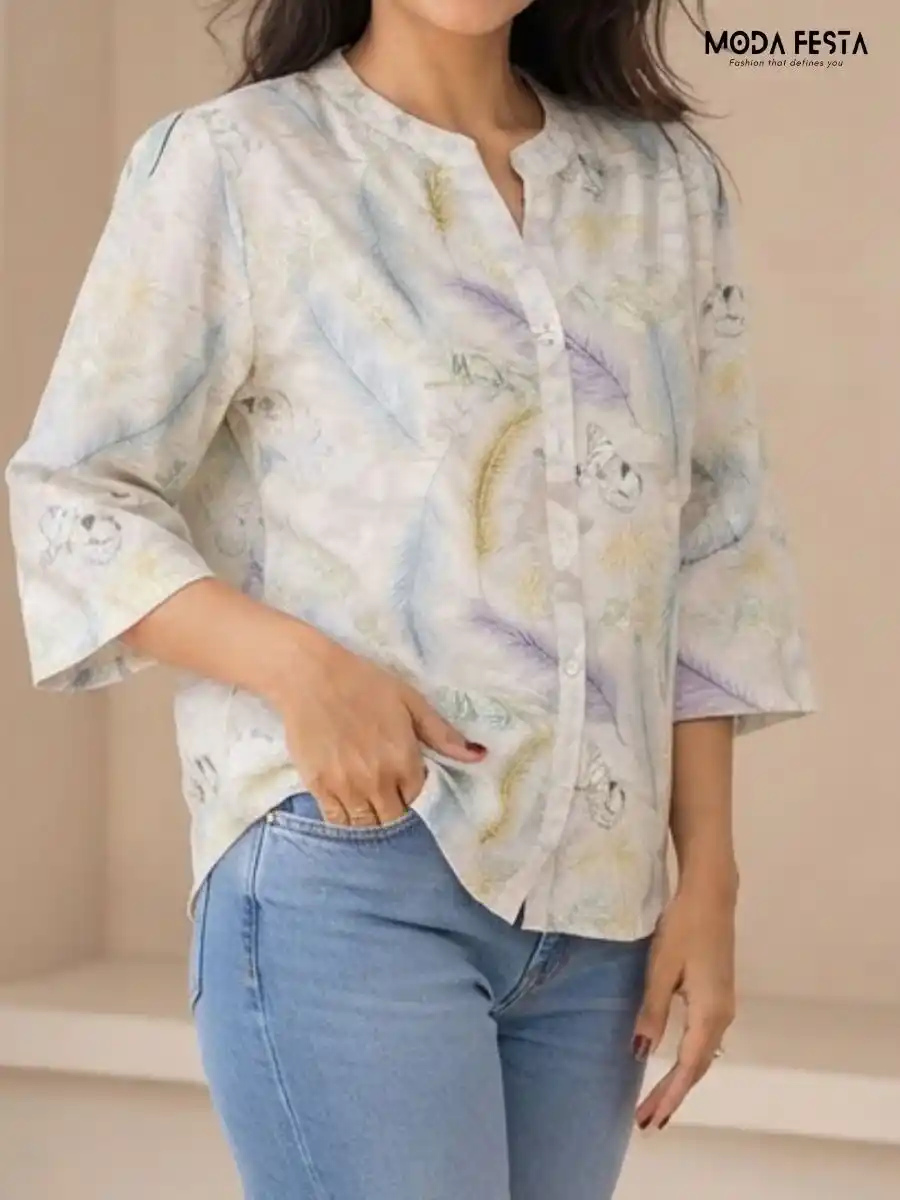 Feather Print Mandarin Collar Top