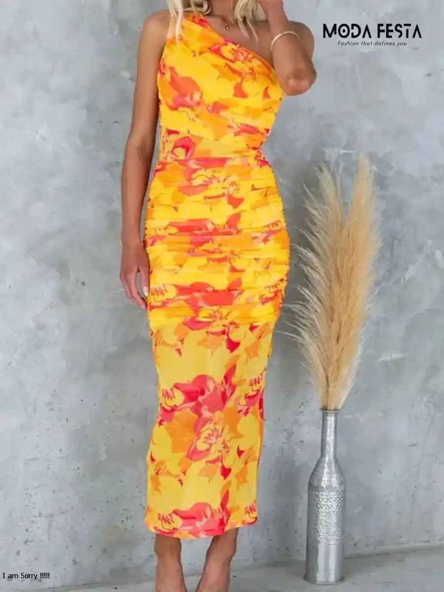 ModaFesta -stylish-runched-mesh-bodycon-dress-yellow