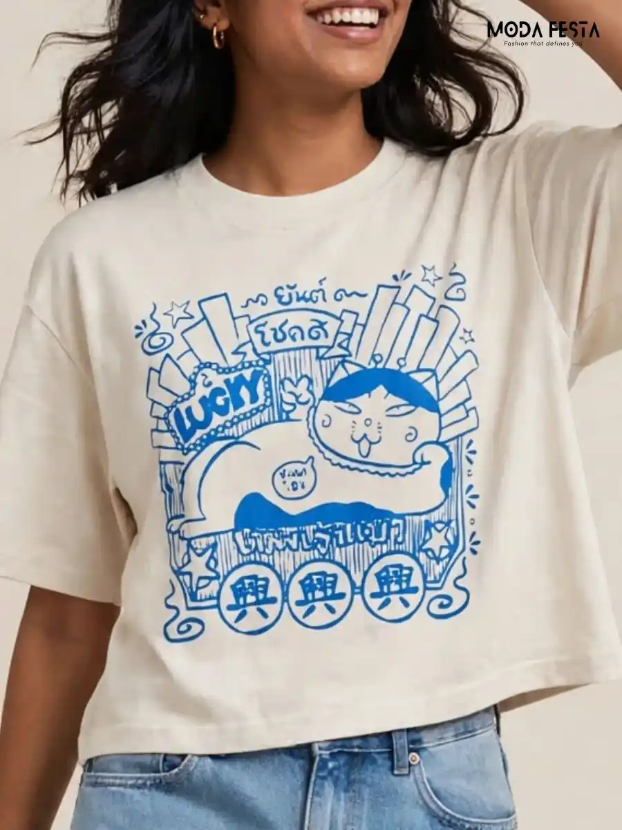 ModaFesta -lucky-cat-graphic-print-crop-t-shirt