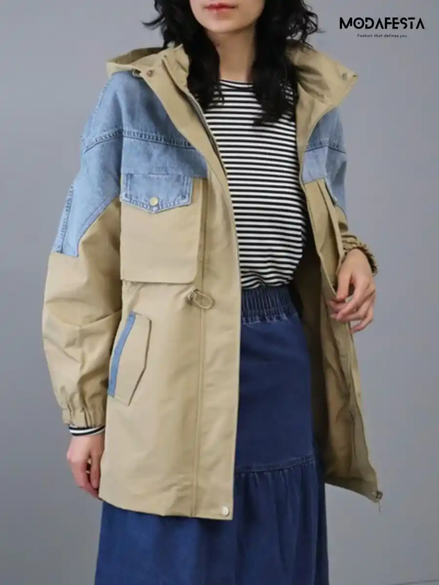 ModaFesta -elegant-denim-with-parachute-fabric-hoodie-jacket-beige