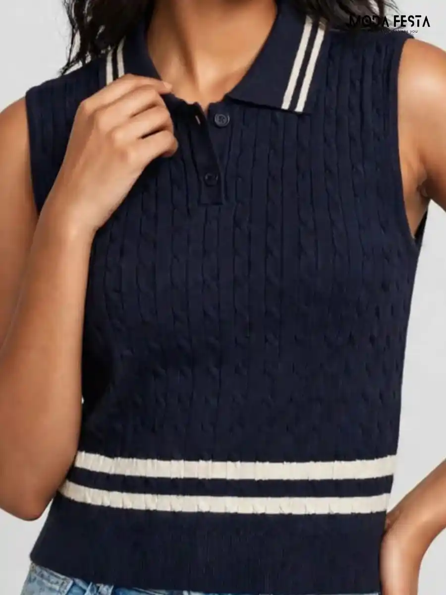 ModaFesta -navy-blue-striped-cable-knit-polo-top