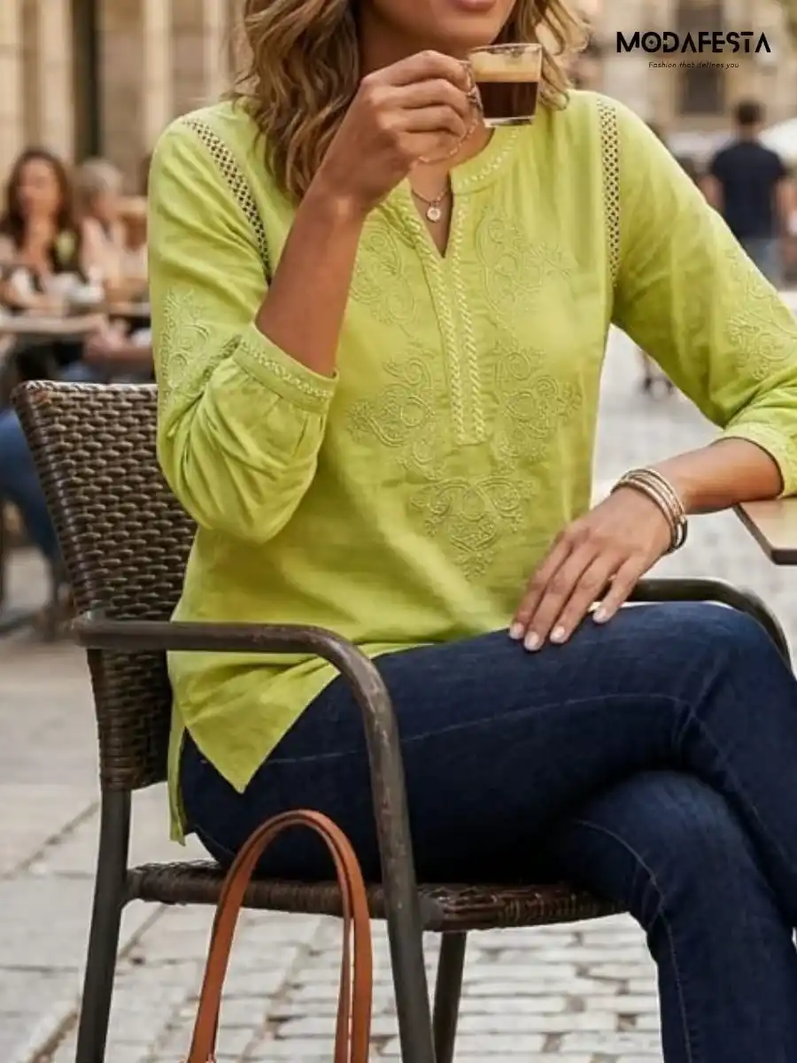 ModaFesta -elegant-embroidered-v-neck-top-sequin-green