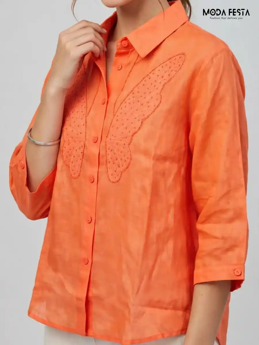 ModaFesta -orange-embroidered-wing-detail-shirt
