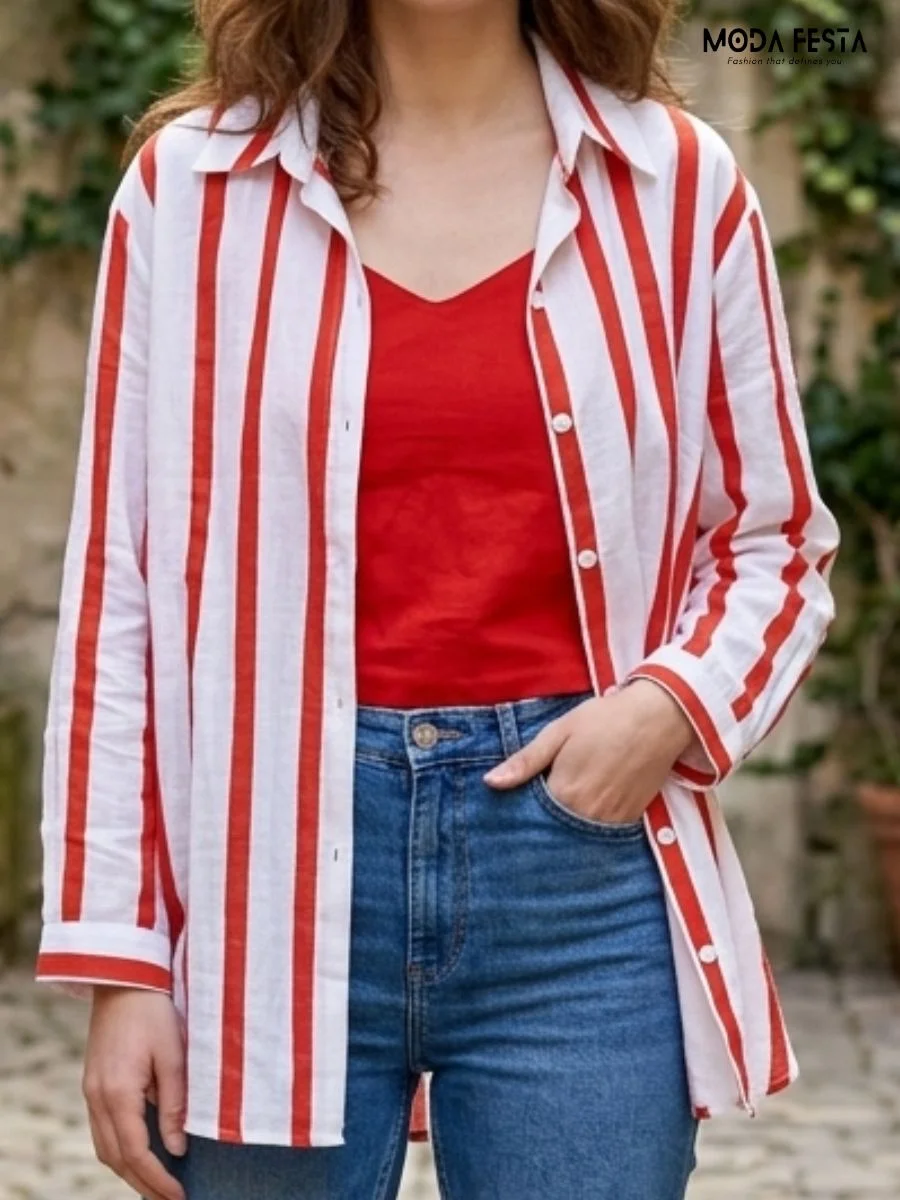 striped oversized button-down shirt and a matching sleeveless camisole top