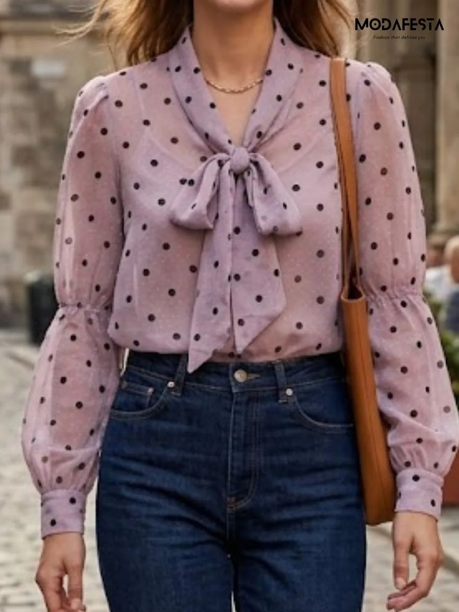 ModaFesta -elegant-chiffon-polka-dot-shirt-tie-up-neck-lilac