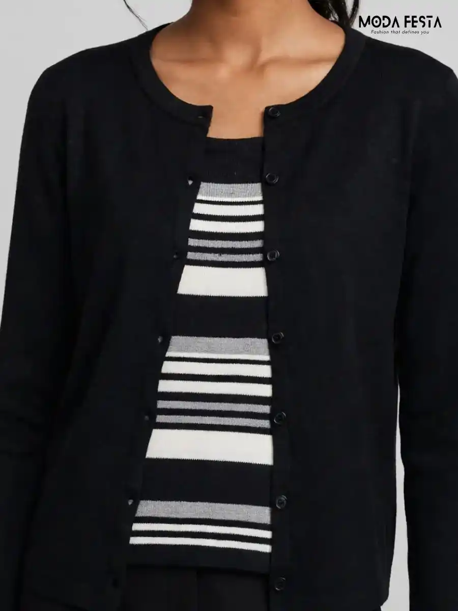ModaFesta -black-cardigan-monochrome-striped-inner-top-coord-set