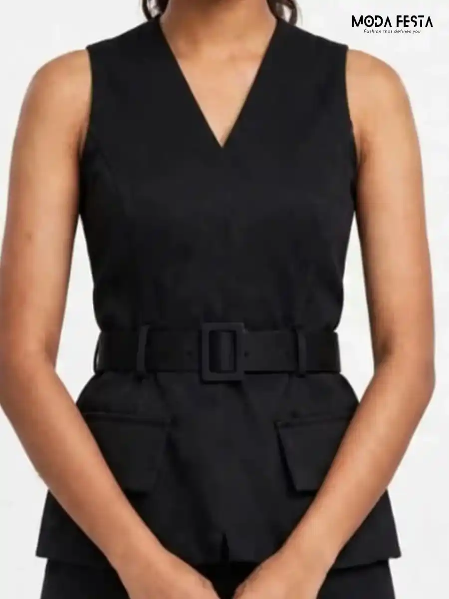 ModaFesta -elegant-black-v-neck-belted-peplum-top