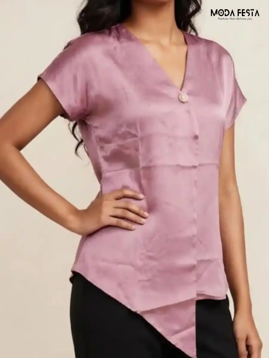 ModaFesta -mauve-satin-v-neck-short-sleeve-asymmetric-top