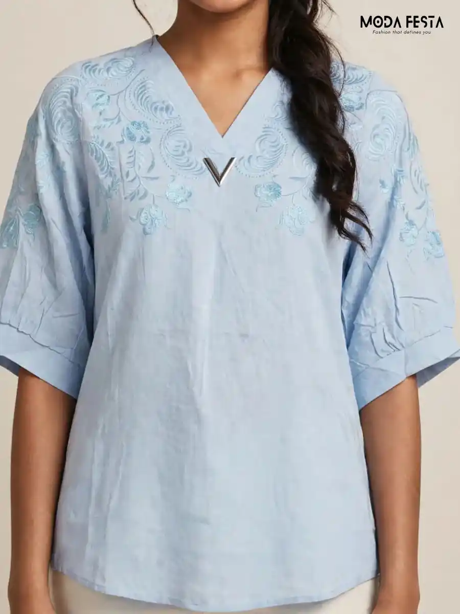 ModaFesta -light-blue-embroidered-v-neck-top