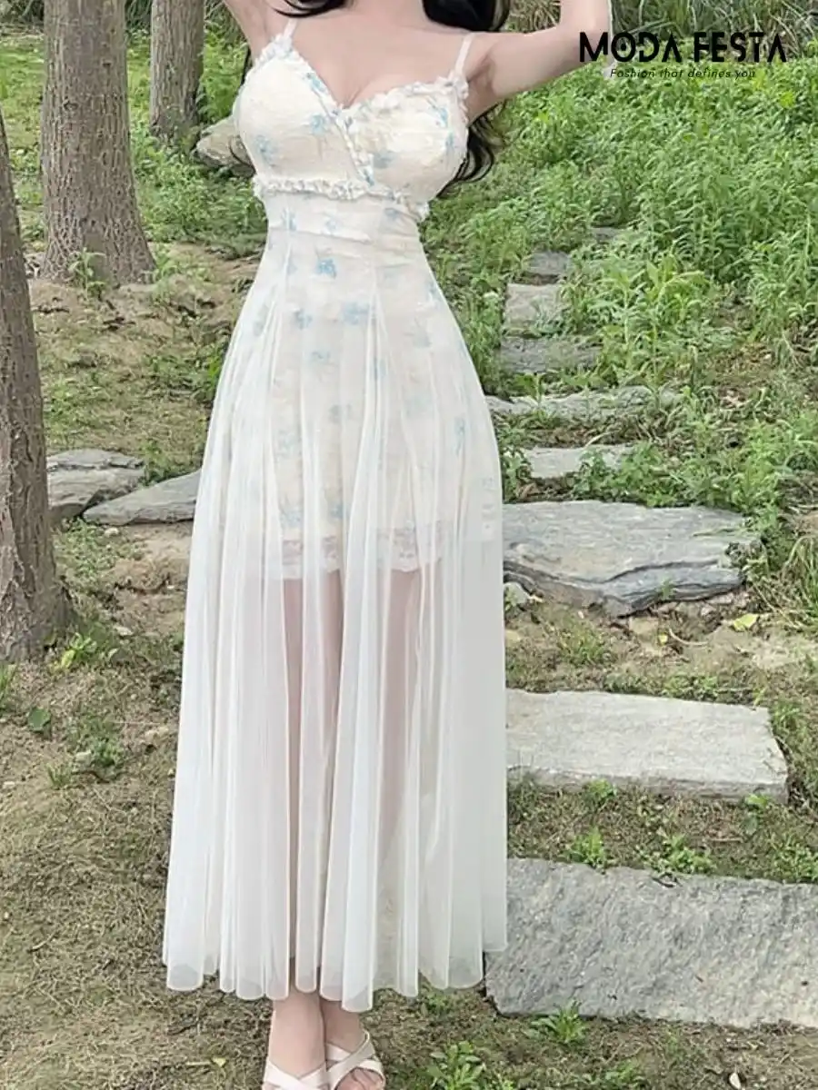 ModaFesta -elegant-mesh-lace-dress-beige-with-blue