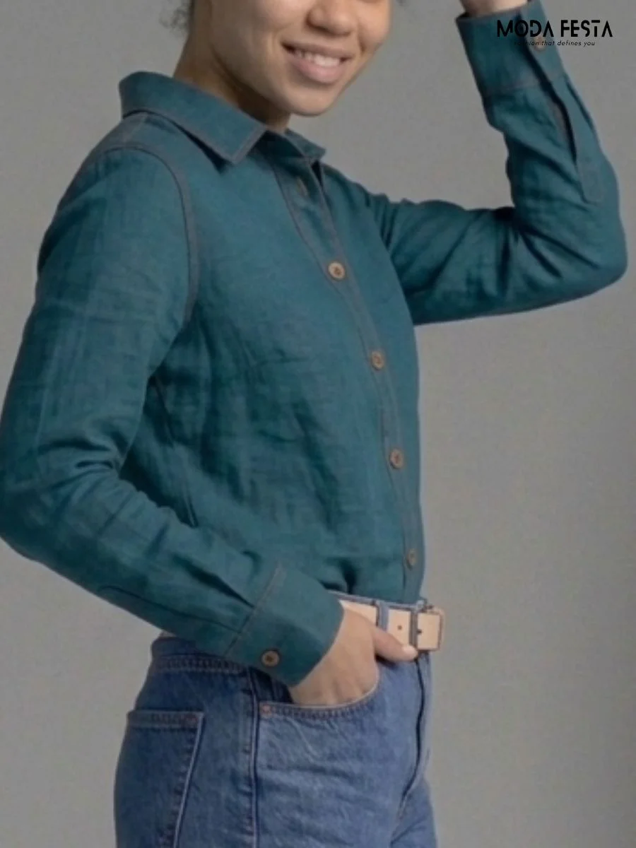 ModaFesta -classic-teal-linen-button-down-shirt