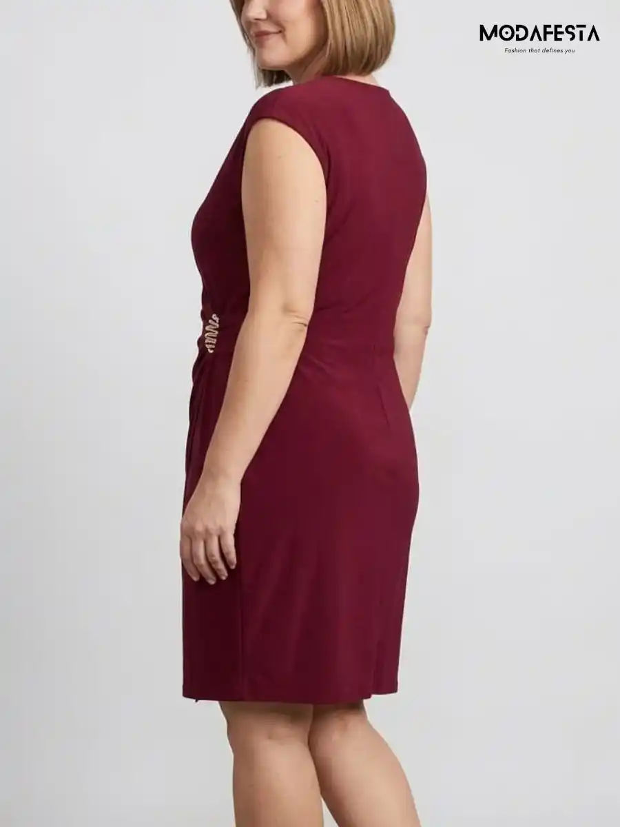 ModaFesta -elegant-sleeveless-wrap-front-ruched-dress-maroon