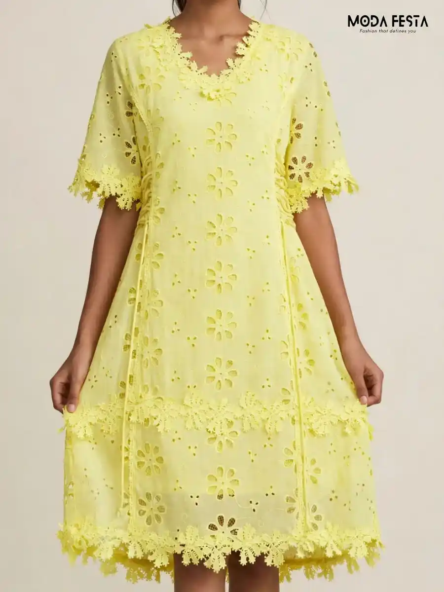 ModaFesta -yellow-laser-cut-eyelet-dress