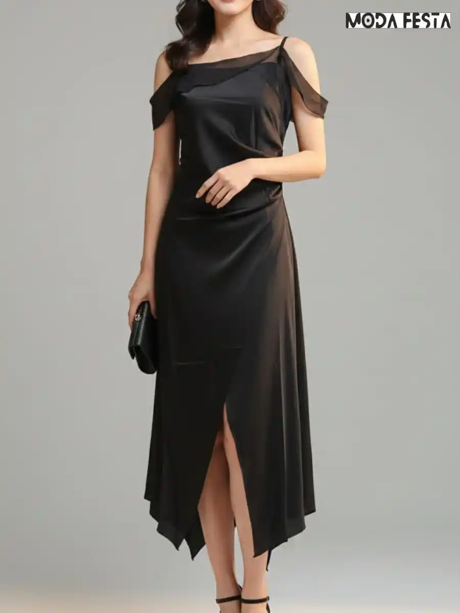 ModaFesta -elegant-satin-dress-with-small-chiffon-sleeve-black
