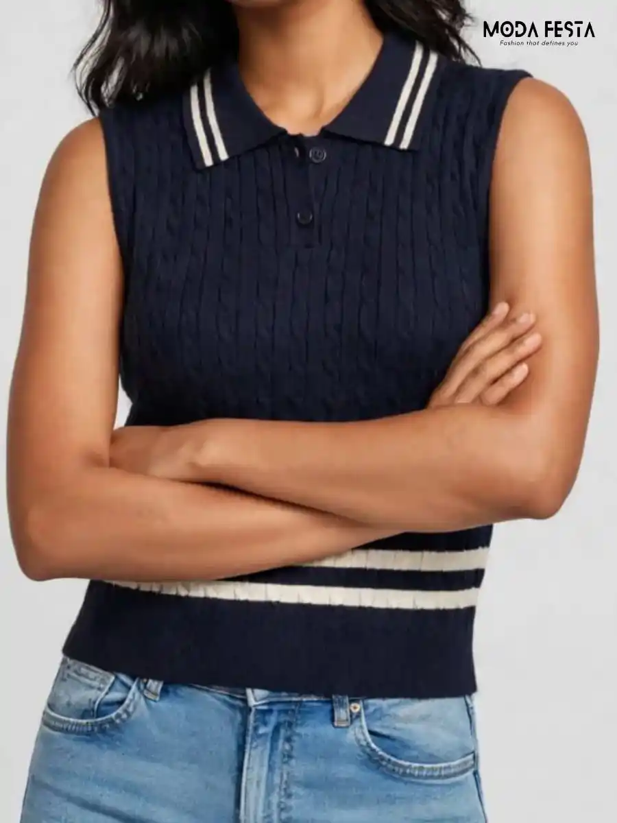 ModaFesta -navy-blue-striped-cable-knit-polo-top