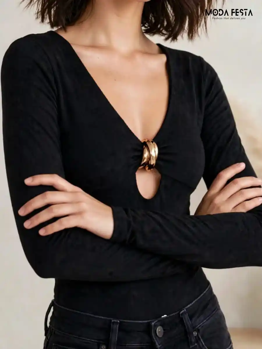 ModaFesta -black-metal-ring-accent-v-neck-top