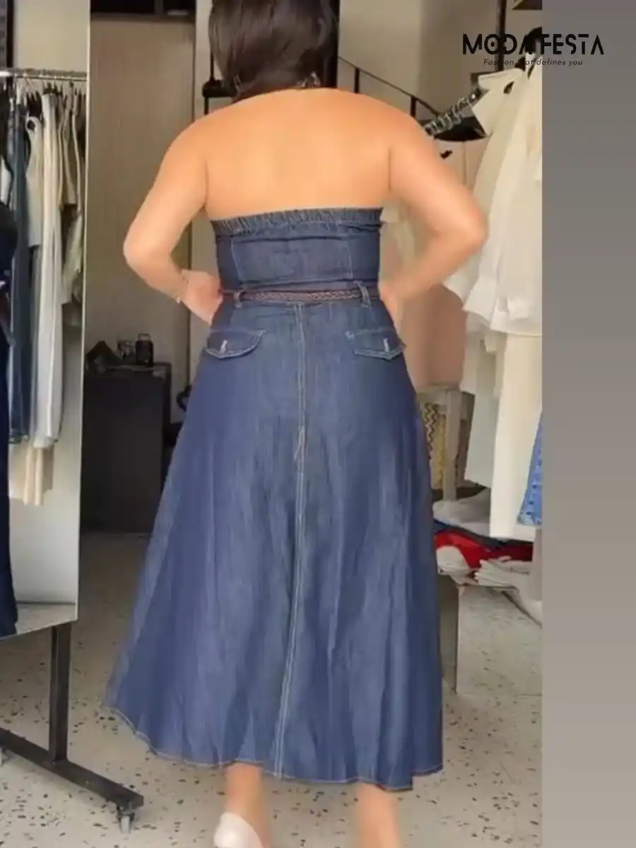 ModaFesta -halter-neck-denim-dress-with-belt-blue