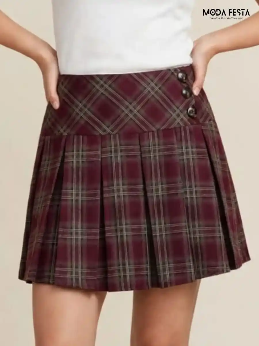 ModaFesta -maroon-plaid-pleated-mini-skirt