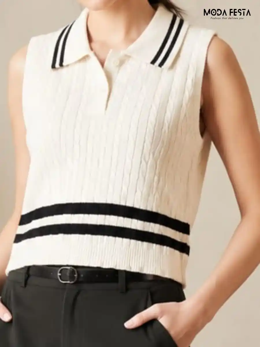 ModaFesta -cream-black-striped-cable-knit-sleeveless-polo-top