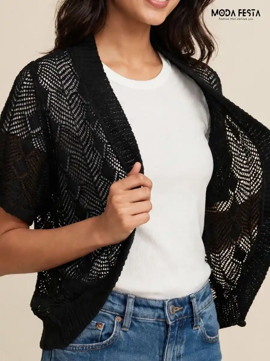 ModaFesta -solid-black-open-front-knit-shrug