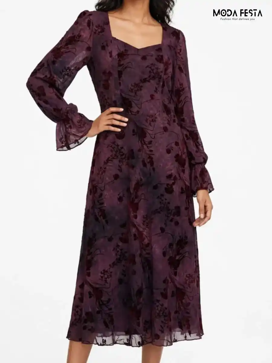 Elegant Floral Print Velvet Chiffon Midi Dress