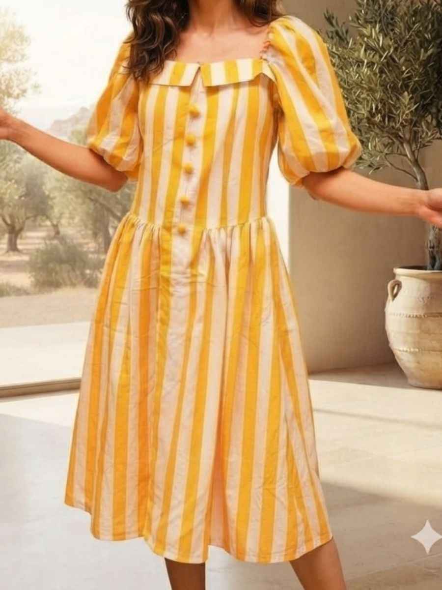 ModaFesta -yellow-white-striped-puff-sleeve-midi-dress