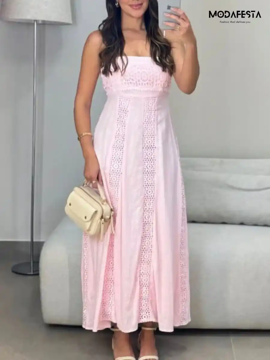 ModaFesta -elegant-spaghetti-cotton-lace-dress-light-pink