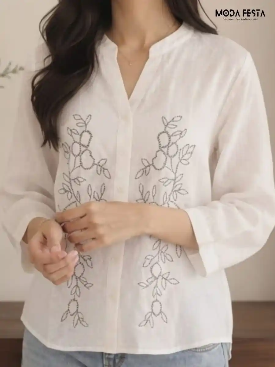 ModaFesta -white-embroidered-v-neck-button-down-shirt