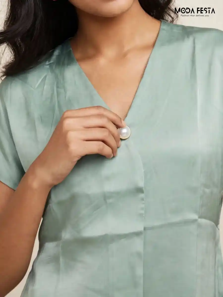 ModaFesta -sage-green-satin-v-neck-short-sleeve-asymmetric-top
