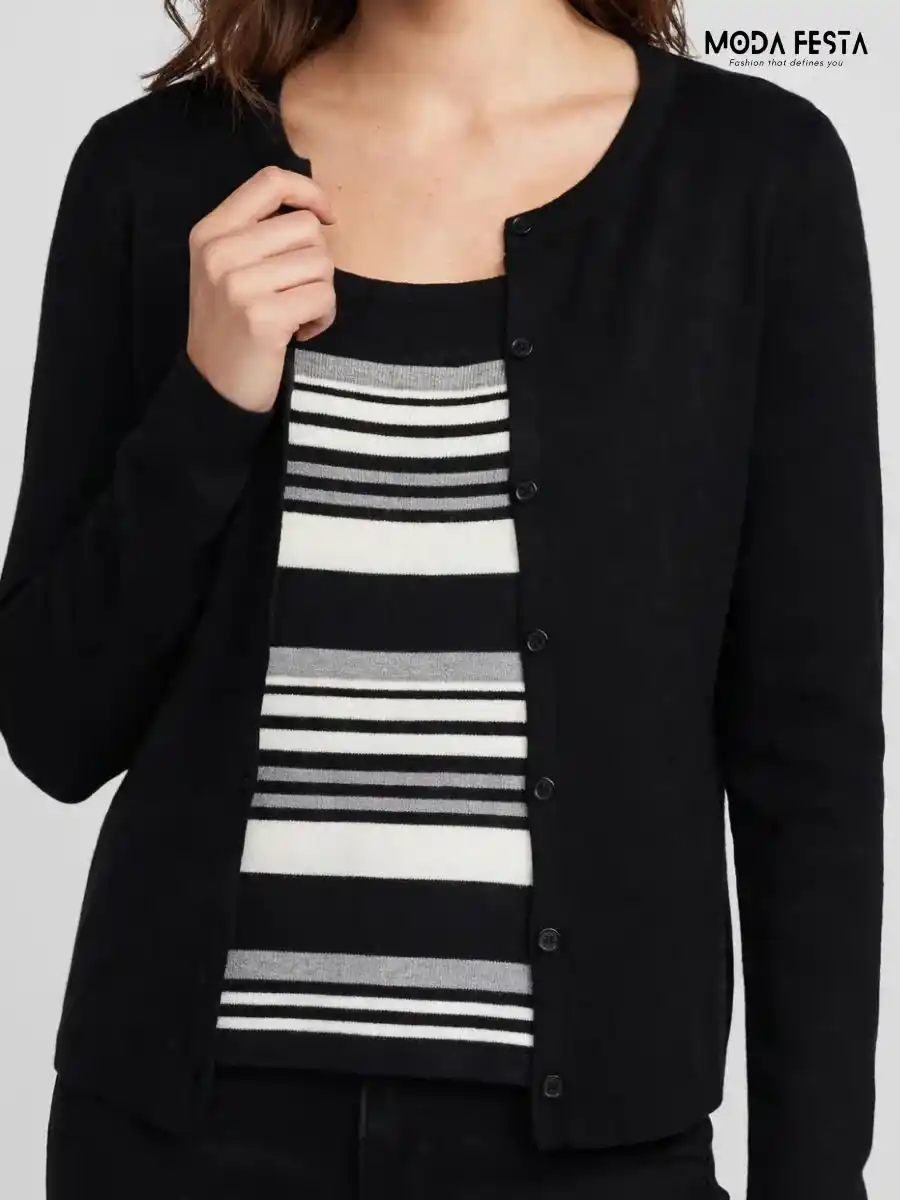 Black Cardigan and Monochrome Striped Inner Top Co-ord Set