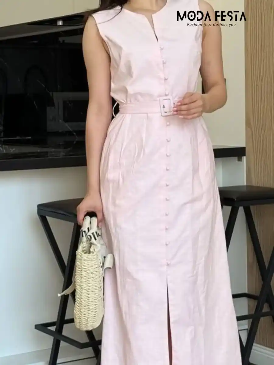 Elegant Linen Blend Dress With Belt