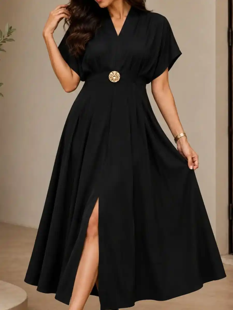 ModaFesta -elegant-black-v-neck-waist-buckle-maxi-dress
