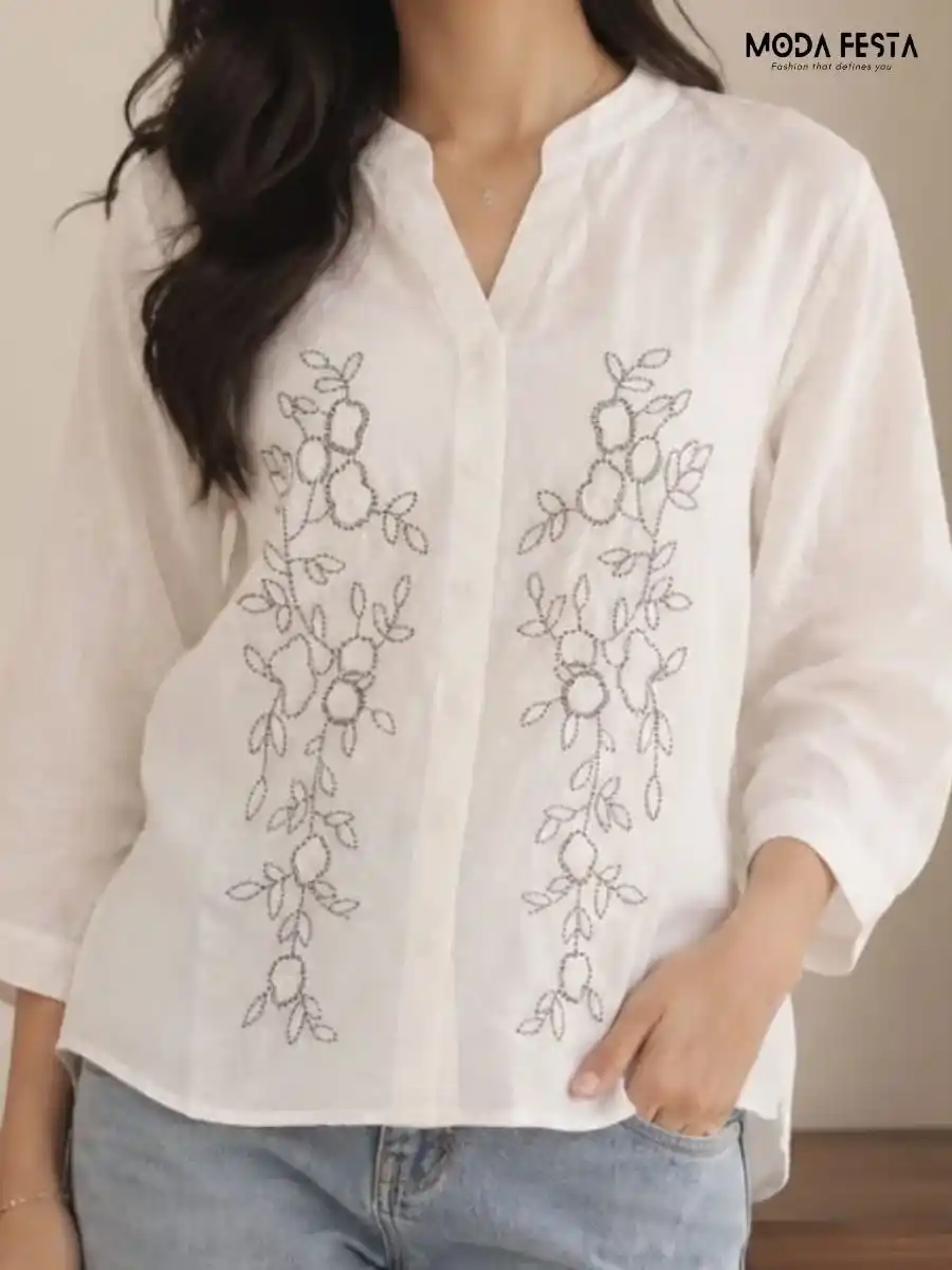 White Embroidered V-Neck Button-Down Shirt