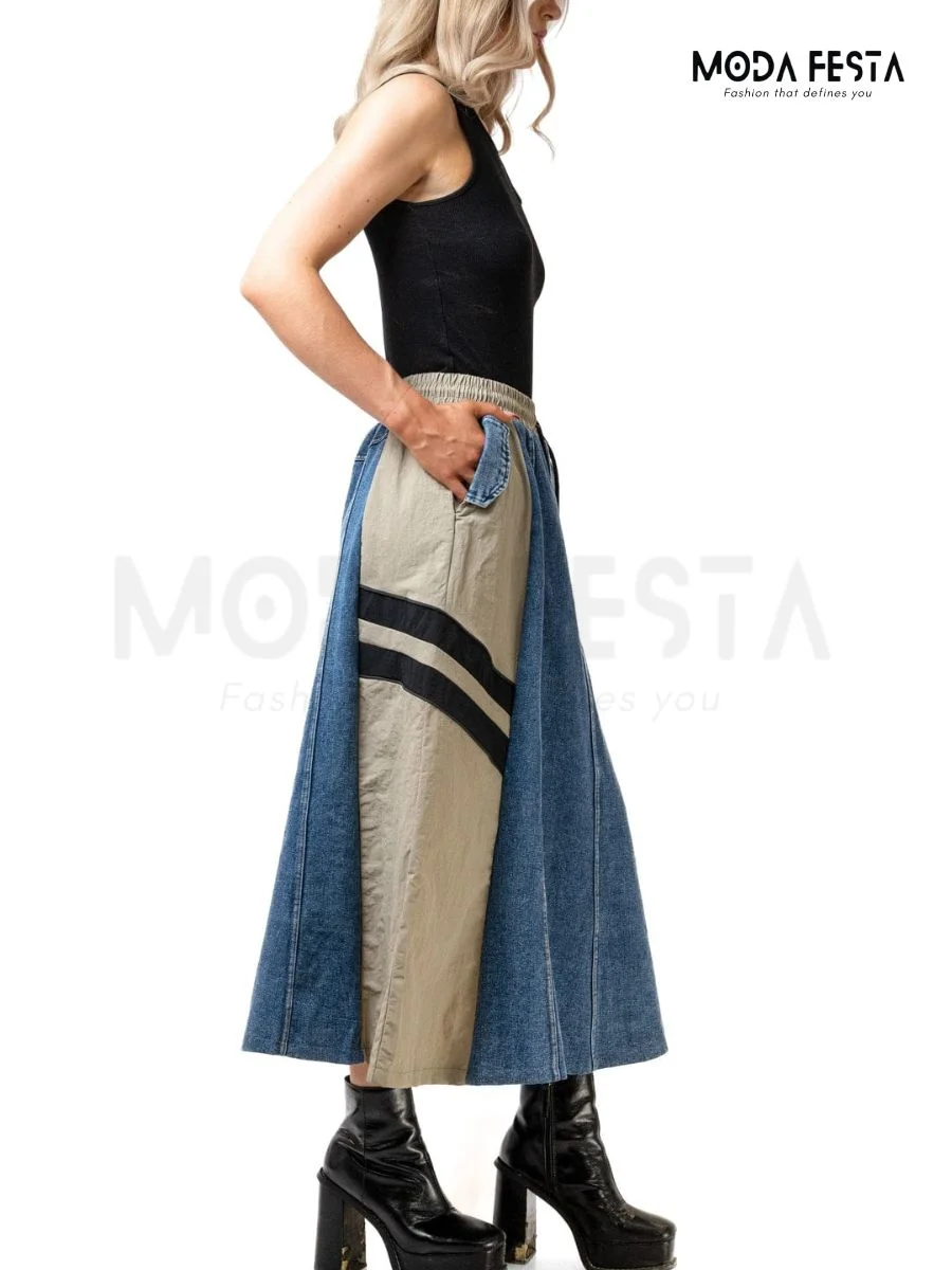 Color Block Denim Skirt